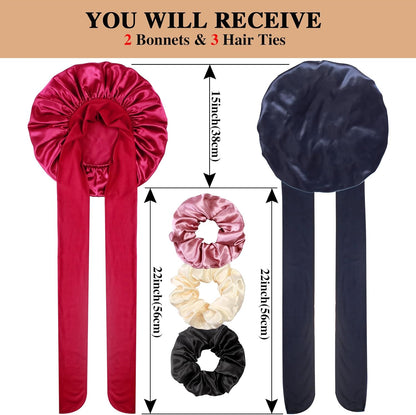2+3 Large Satin Bonnets with Scrunchies for Women, Hair Bonnet Sleeping Tie Bonnet for Braids Curly Hair