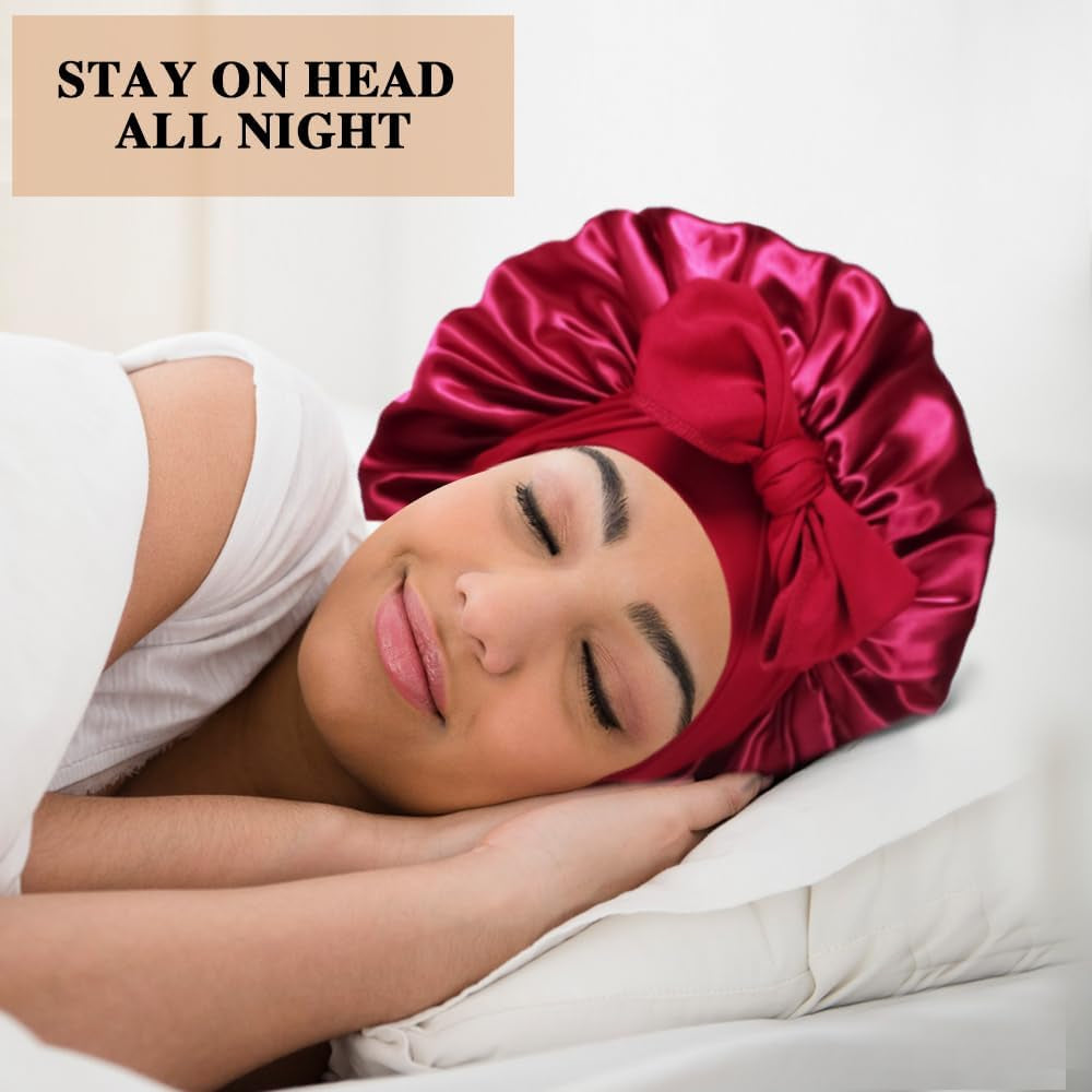2+3 Large Satin Bonnets with Scrunchies for Women, Hair Bonnet Sleeping Tie Bonnet for Braids Curly Hair