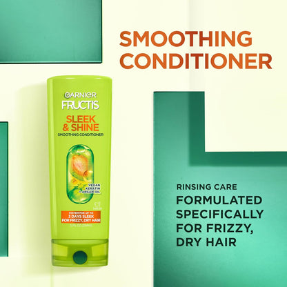 Garnier Fructis Sleek & Shine Shampoo, Conditioner + Moroccan Sleek Oil Set for Frizzy, Dry Hair, Argan Oil (3 Items), 1 Kit (Packaging May Vary)