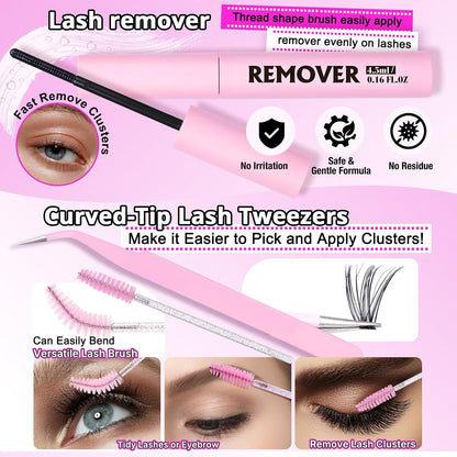 Lash Clusters Kit 320Pcs Eyelash Clusters D Curly 9-16Mm 40D Individual Lashes Wispy Lash Extension Kit with Bond and Seal and Lash Remover and Lash Applicator for Eyelash Extension Beginners