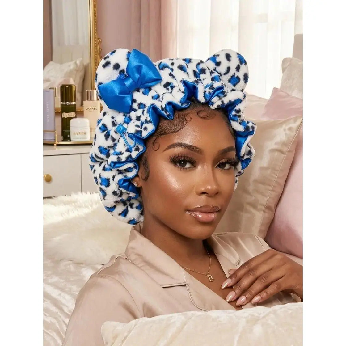 Women'S Plush Satin Bonnet with Cute Animal Ears & Bow, Luxury Double-Layer Sleep Cap for Haircare, Friction-Free Hair Protection, Hidden Adjustable Strap (Sports Headband Accessory)