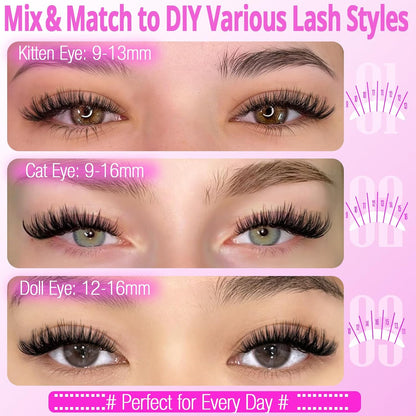 Lash Clusters Kit 320Pcs Eyelash Clusters D Curly 9-16Mm 40D Individual Lashes Wispy Lash Extension Kit with Bond and Seal and Lash Remover and Lash Applicator for Eyelash Extension Beginners
