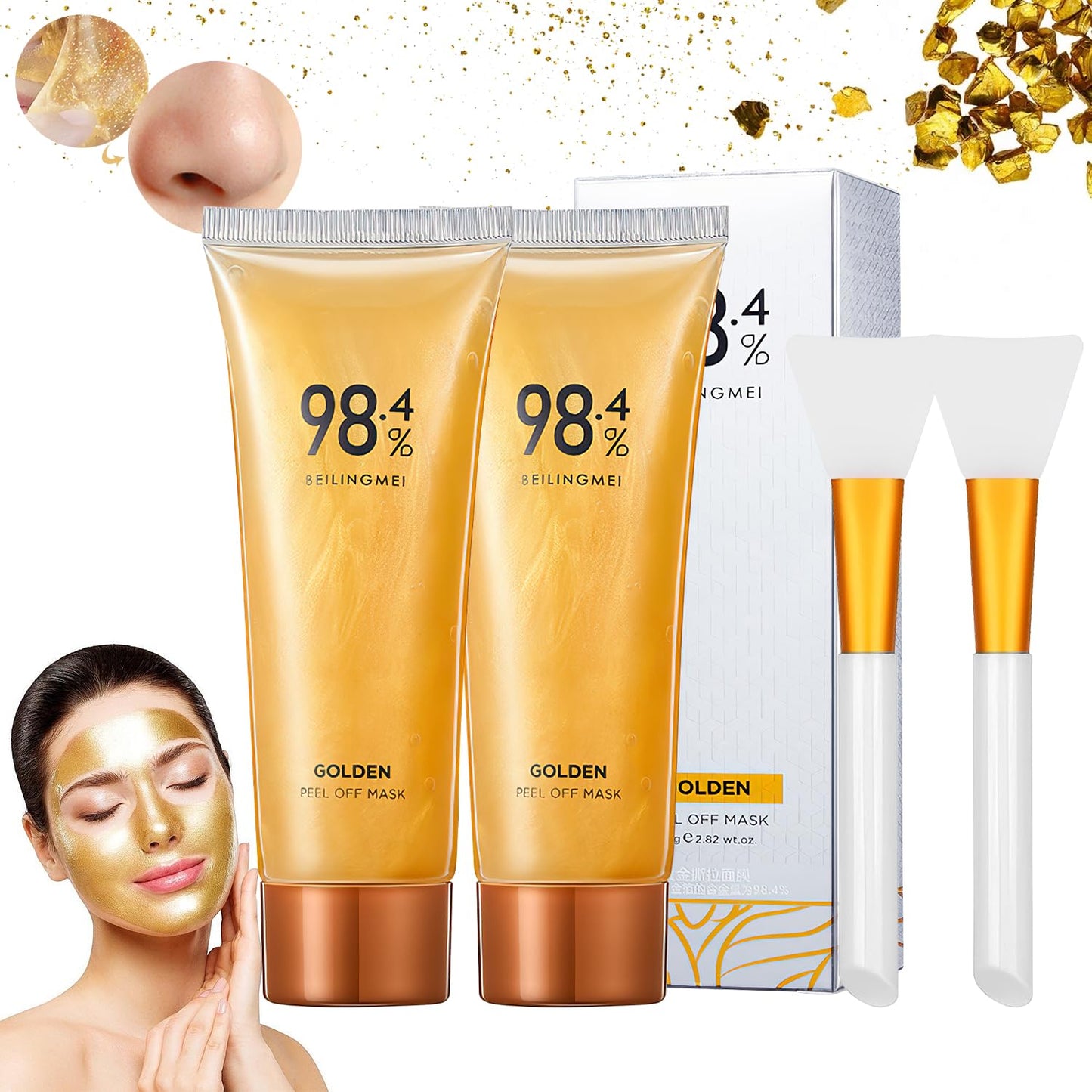 Gold Foil Peel-Off Mask,Gold Peel off Face Mask Anti-Wrinkle,98.4% Golden Peel off Mask,Anti-Aging Gold Face Mask for Moisturizing,Removes Blackheads,Reduces Fine Lines,Cleans Pores(2Pcs)