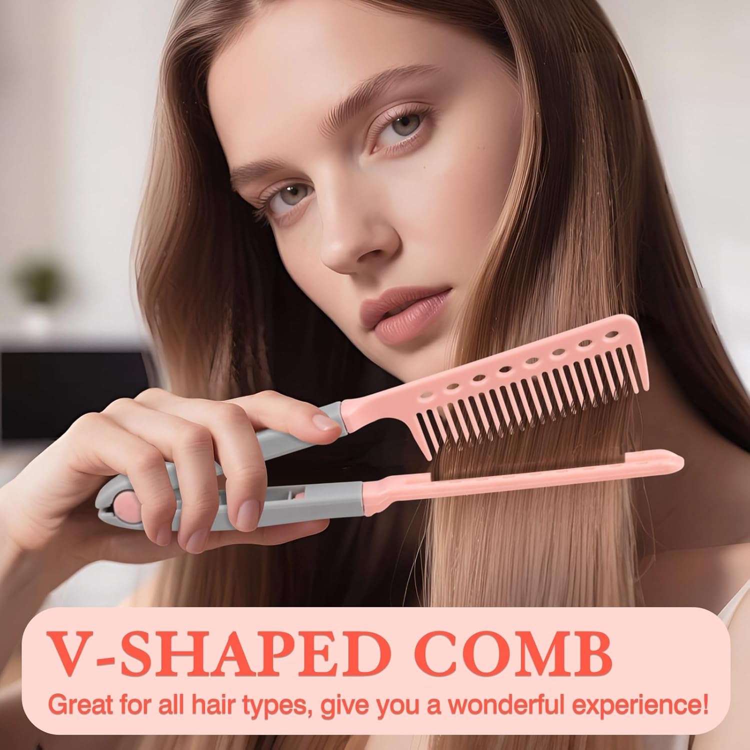 DIY Salon V-Shaped Hair Straightening Comb – 2PCS Hair Styling Brush Set for Smoothing & Straightening, Portable Hairdressing Tool (Pink)