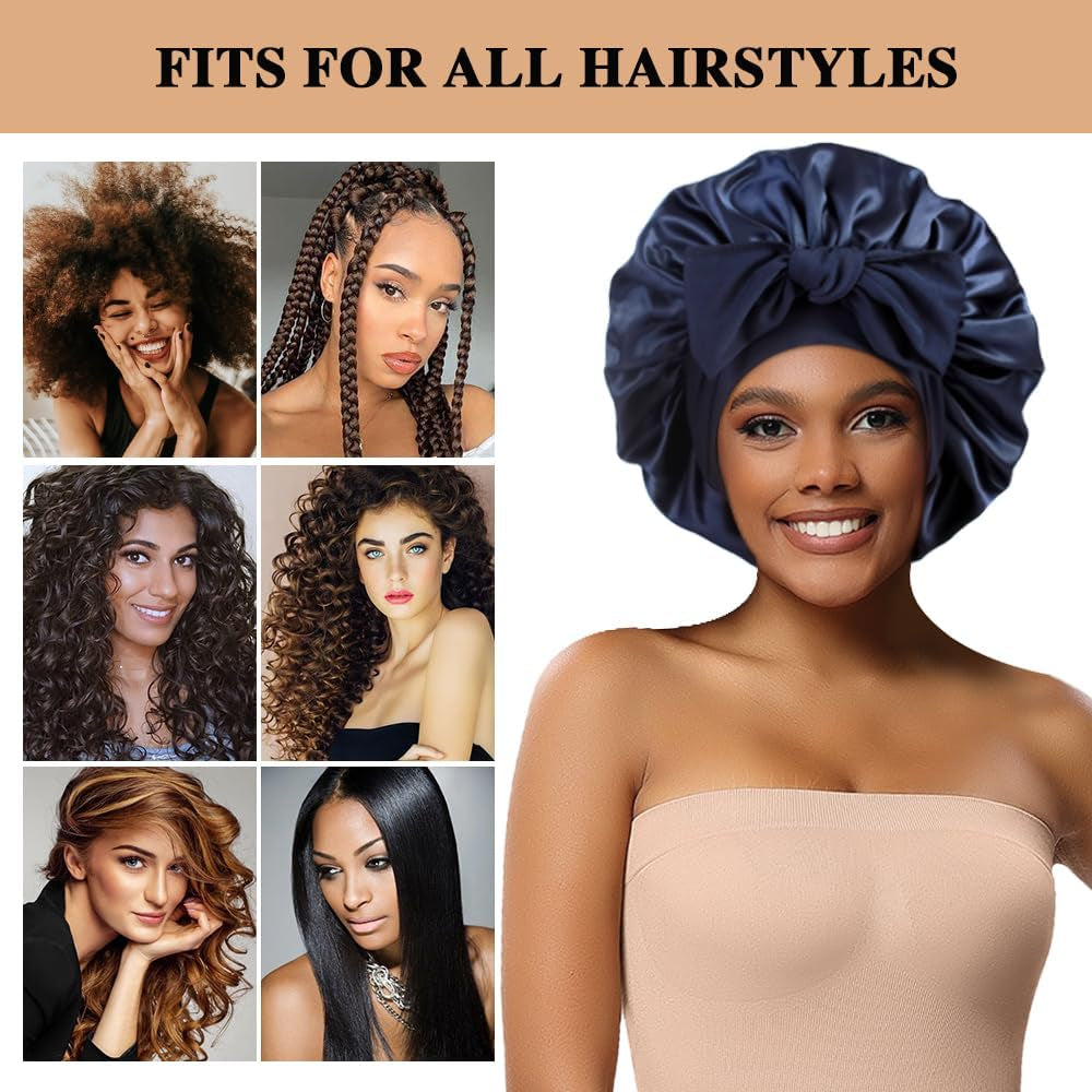 2+3 Large Satin Bonnets with Scrunchies for Women, Hair Bonnet Sleeping Tie Bonnet for Braids Curly Hair