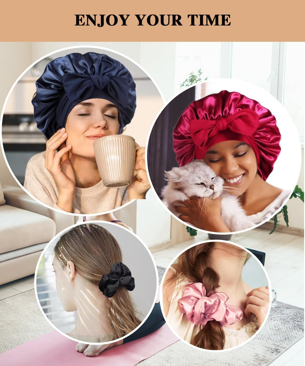 2+3 Large Satin Bonnets with Scrunchies for Women, Hair Bonnet Sleeping Tie Bonnet for Braids Curly Hair