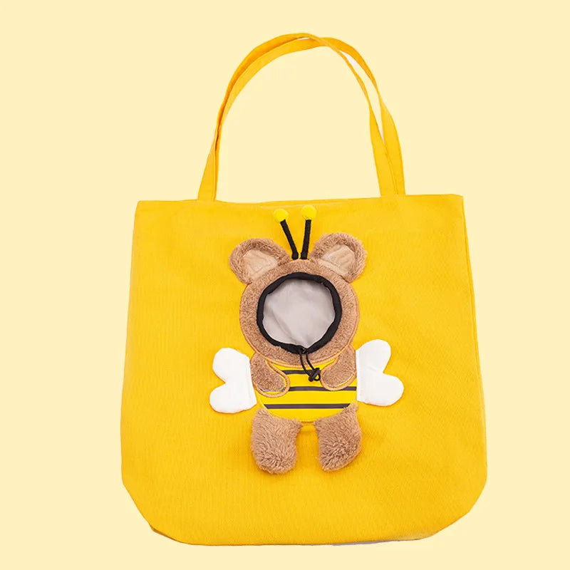 Pet Shoulder Carrying Bag, Cute Bee-Shaped Pet Canvas Shoulder Bag Cat Carrier, Portable Cats Small Pet Canvas Tote Chest Bag