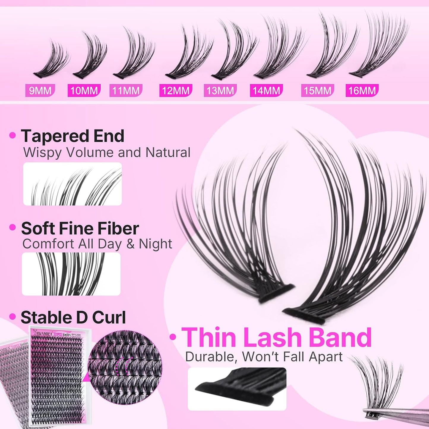 Lash Clusters Kit 320Pcs Eyelash Clusters D Curly 9-16Mm 40D Individual Lashes Wispy Lash Extension Kit with Bond and Seal and Lash Remover and Lash Applicator for Eyelash Extension Beginners