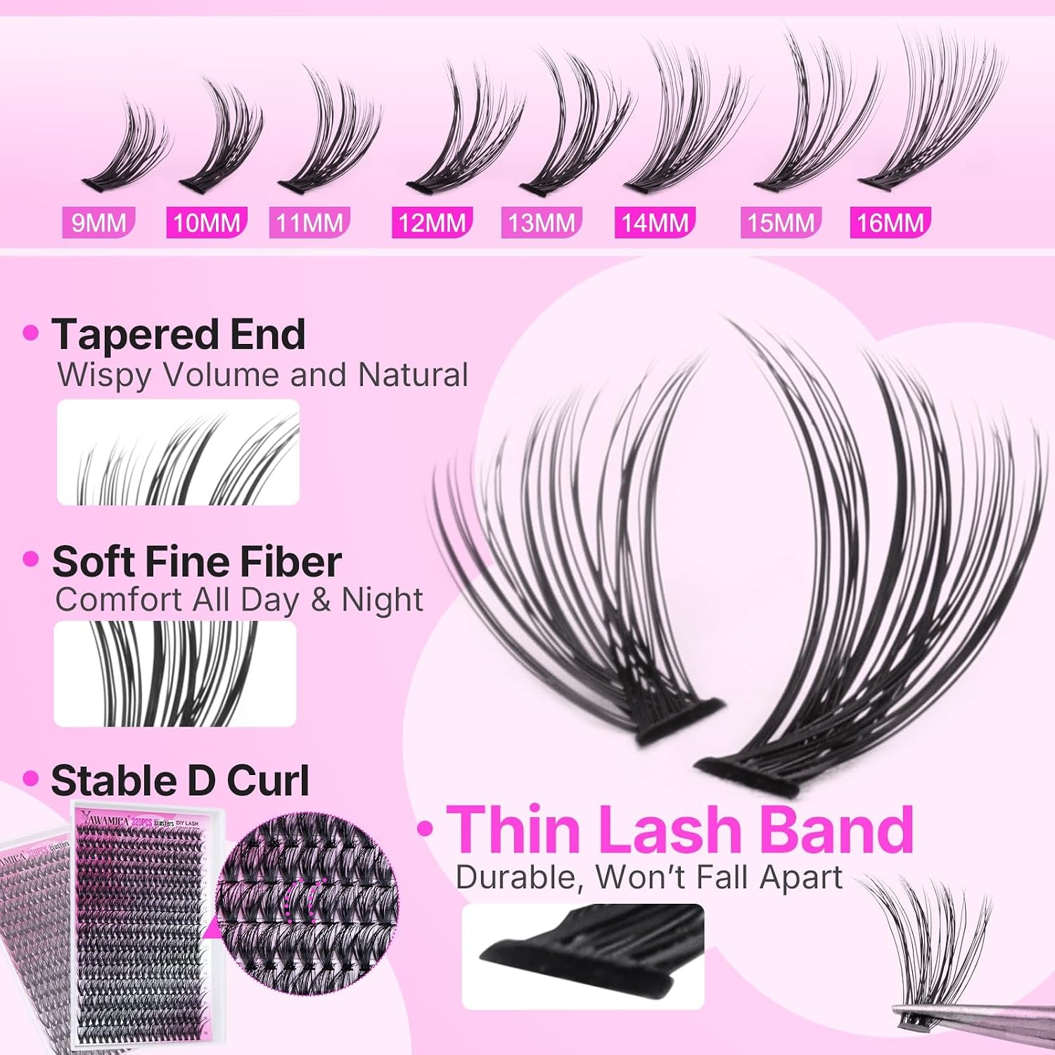 Lash Clusters Kit 320Pcs Eyelash Clusters D Curly 9-16Mm 40D Individual Lashes Wispy Lash Extension Kit with Bond and Seal and Lash Remover and Lash Applicator for Eyelash Extension Beginners