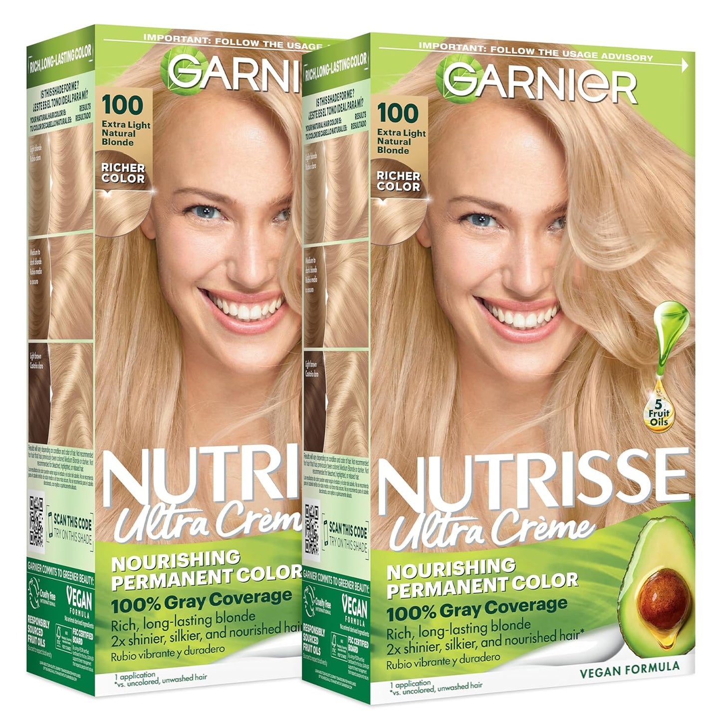 Garnier Nutrisse Ultra Crème Hair Color, Permanent Hair Dye with 100% Gray Coverage, Vegan & Cruelty-Free, 100 Extra-Light Natural Blonde (Chamomile), 2 Count