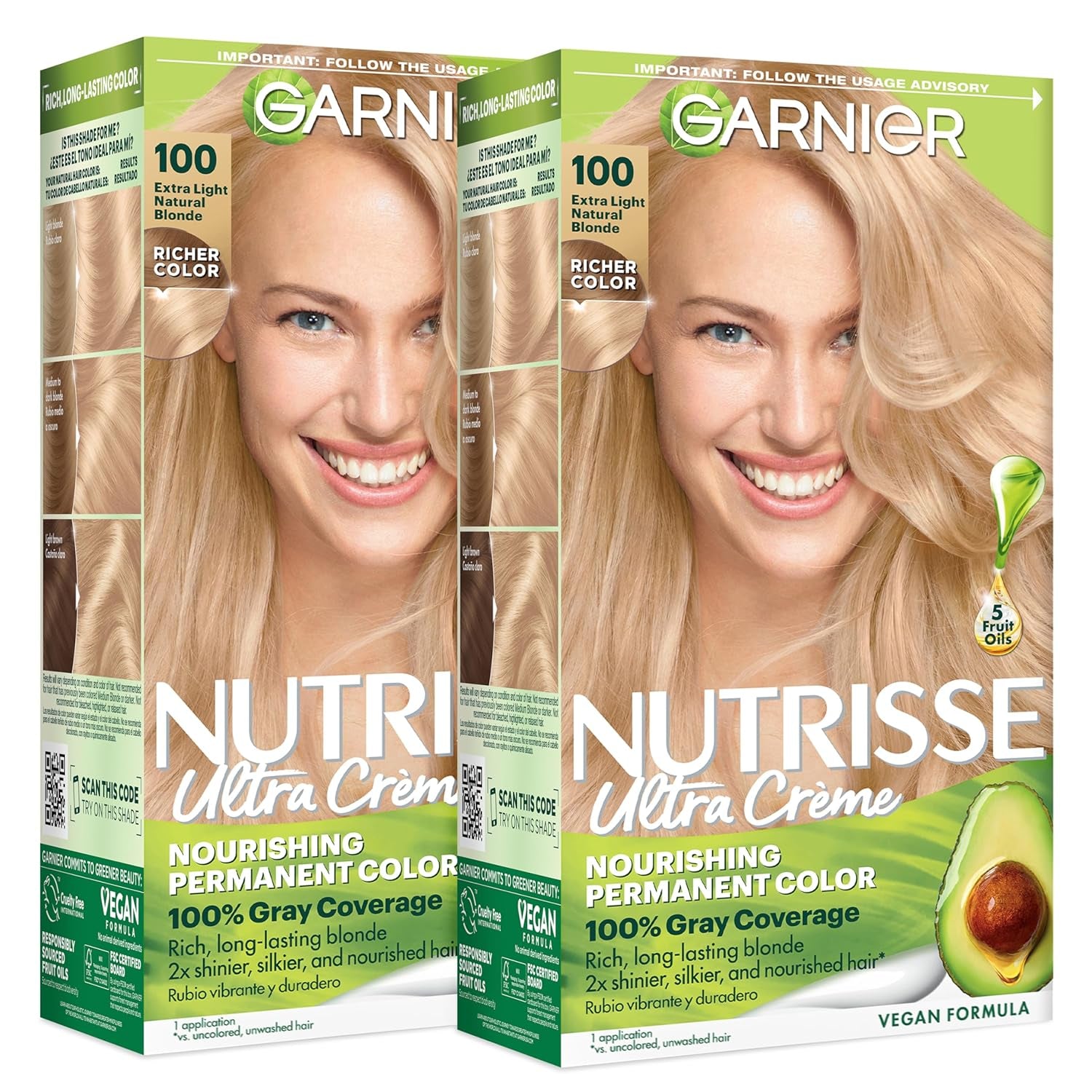 Garnier Nutrisse Ultra Crème Hair Color, Permanent Hair Dye with 100% Gray Coverage, Vegan & Cruelty-Free, 100 Extra-Light Natural Blonde (Chamomile), 2 Count