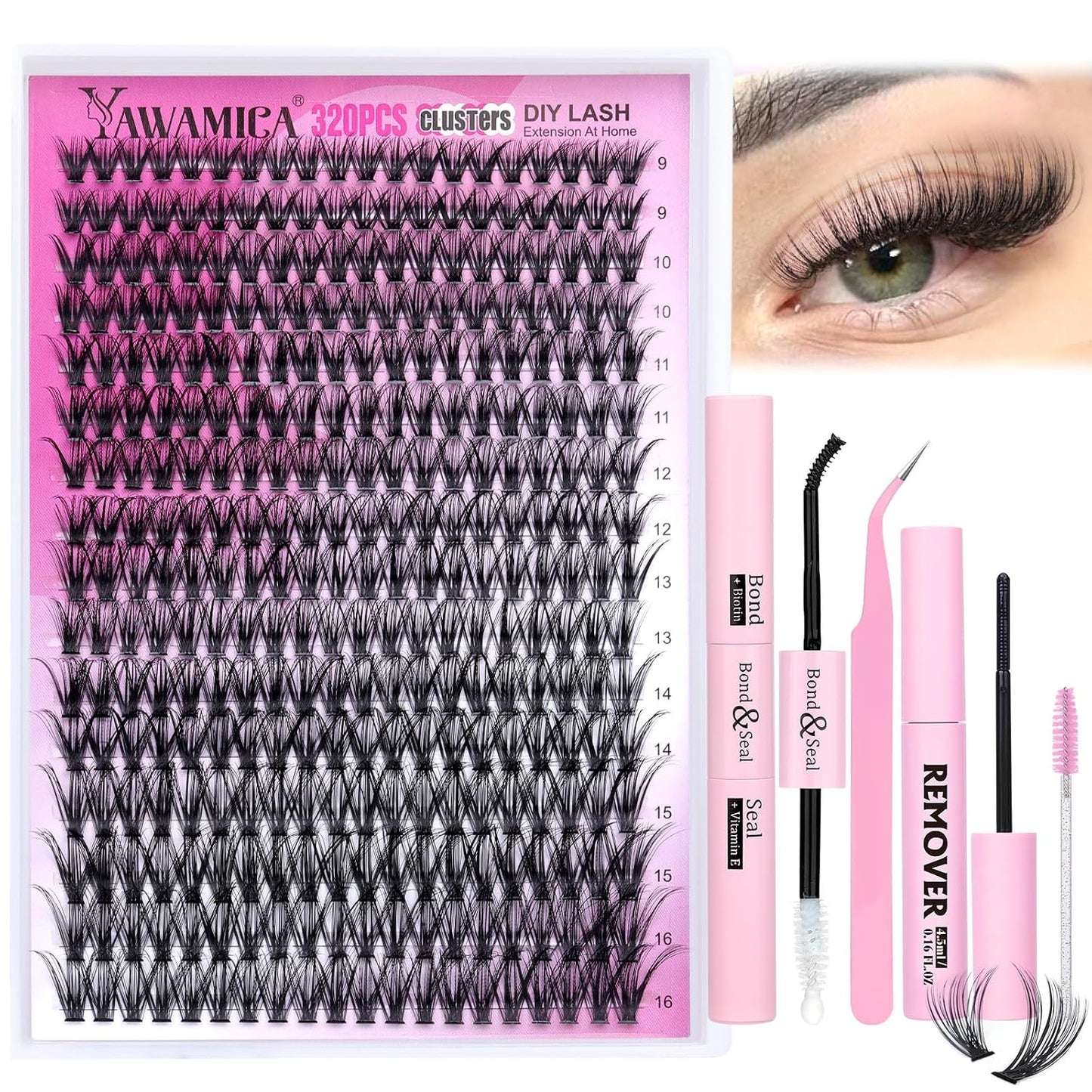 Lash Clusters Kit 320Pcs Eyelash Clusters D Curly 9-16Mm 40D Individual Lashes Wispy Lash Extension Kit with Bond and Seal and Lash Remover and Lash Applicator for Eyelash Extension Beginners