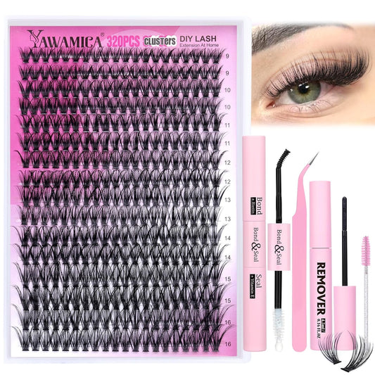 Lash Clusters Kit 320Pcs Eyelash Clusters D Curly 9-16Mm 40D Individual Lashes Wispy Lash Extension Kit with Bond and Seal and Lash Remover and Lash Applicator for Eyelash Extension Beginners