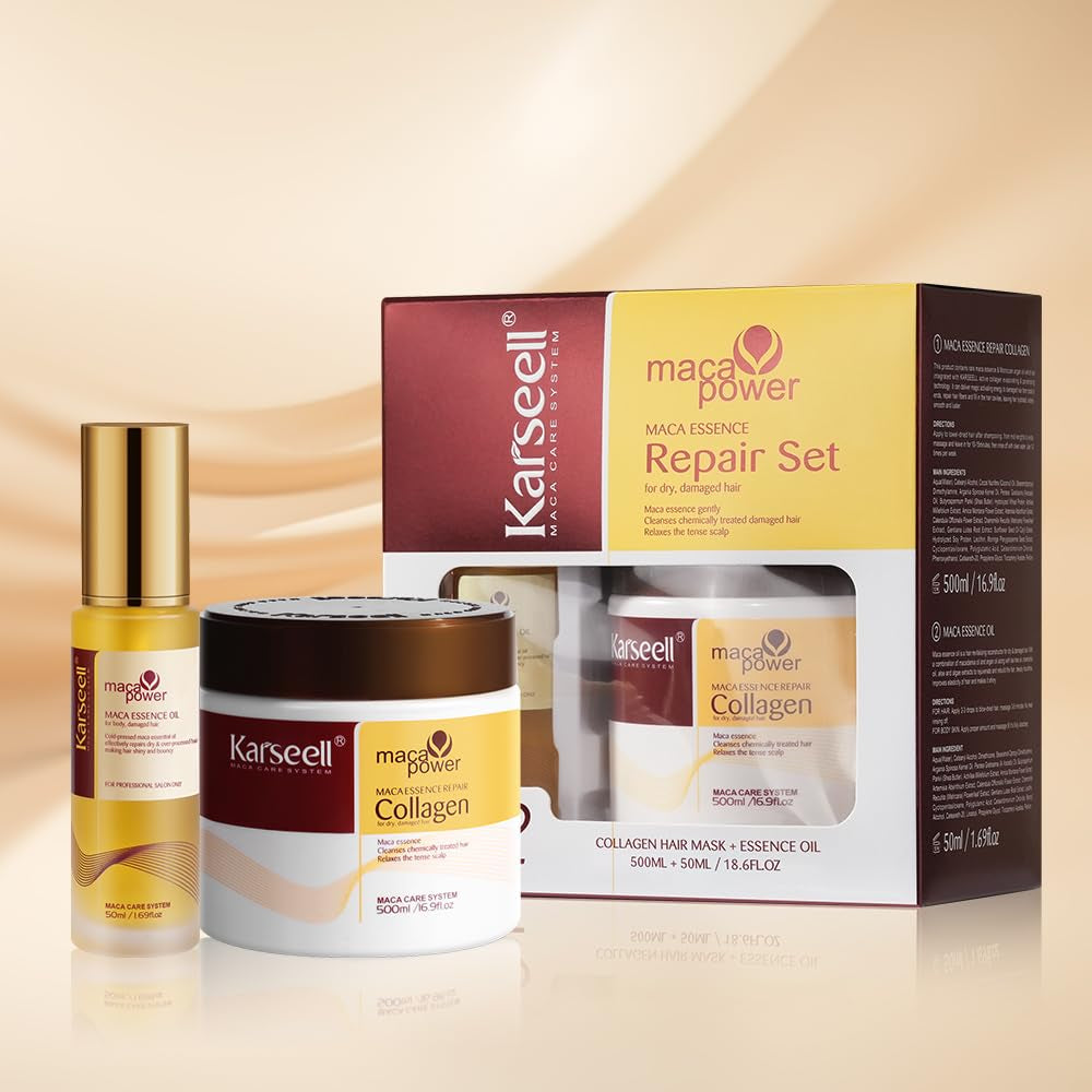 Collagen Hair Mask & Argan Oil Set, Deep Conditioning Hair Treatment for Dry Damaged Hair, Repair & Moisturize All Hair Types, 16.9 Fl Oz + 1.69 Fl Oz