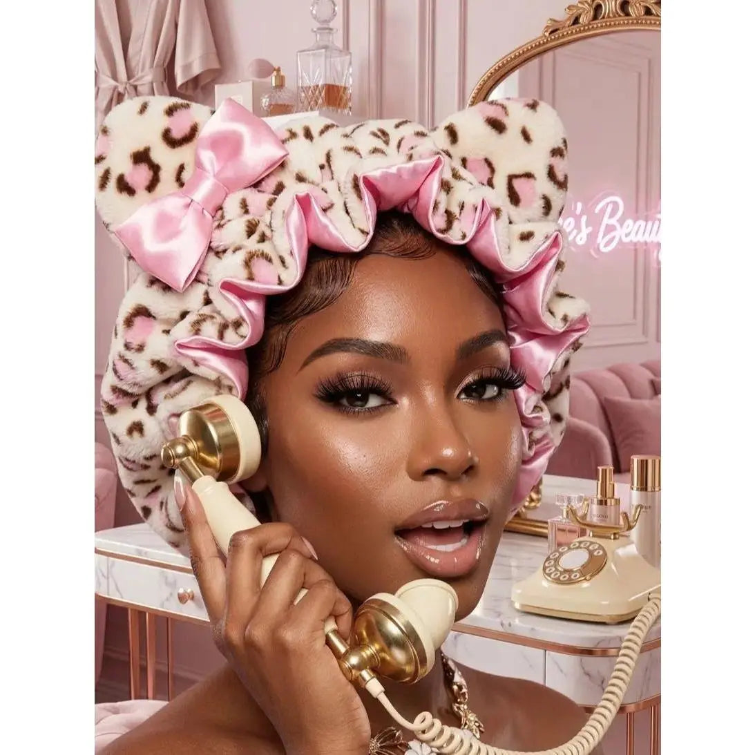 Women'S Plush Satin Bonnet with Cute Animal Ears & Bow, Luxury Double-Layer Sleep Cap for Haircare, Friction-Free Hair Protection, Hidden Adjustable Strap (Sports Headband Accessory)
