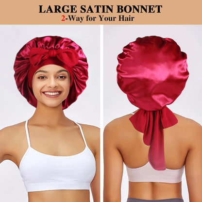 2+3 Large Satin Bonnets with Scrunchies for Women, Hair Bonnet Sleeping Tie Bonnet for Braids Curly Hair
