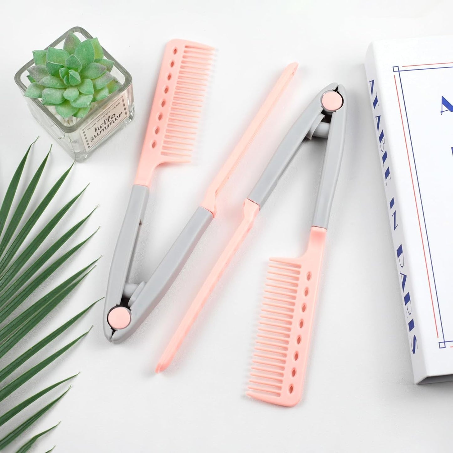 DIY Salon V-Shaped Hair Straightening Comb – 2PCS Hair Styling Brush Set for Smoothing & Straightening, Portable Hairdressing Tool (Pink)