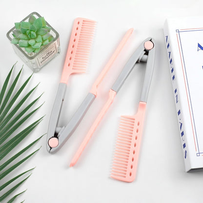DIY Salon V-Shaped Hair Straightening Comb – 2PCS Hair Styling Brush Set for Smoothing & Straightening, Portable Hairdressing Tool (Pink)