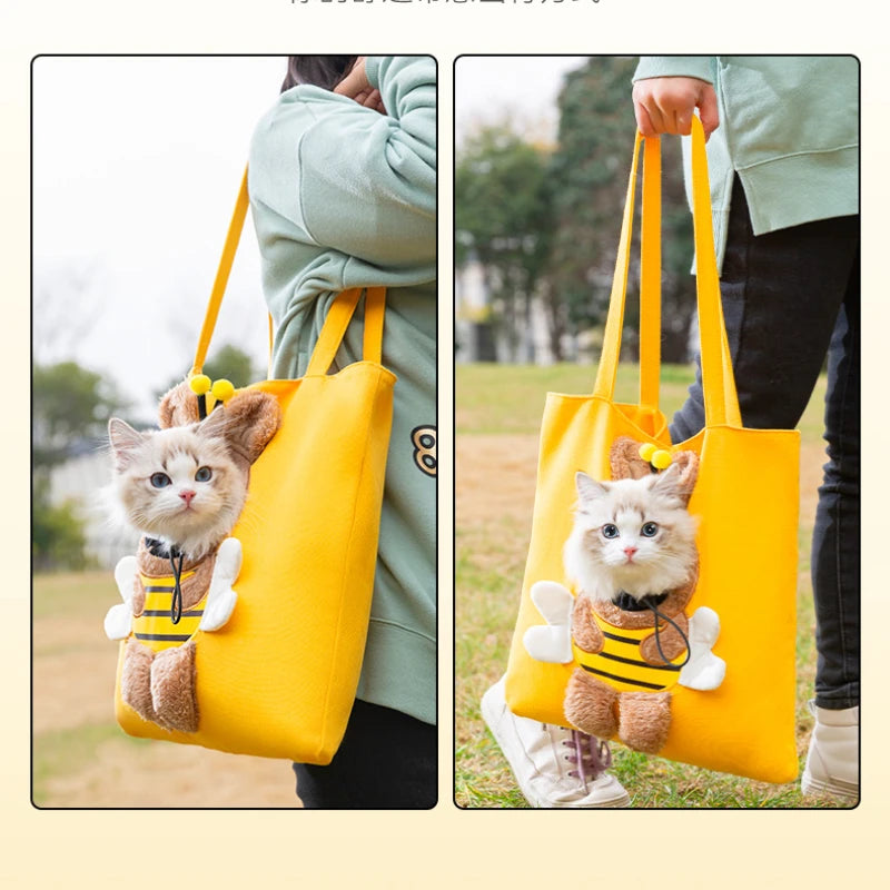 Pet Shoulder Carrying Bag, Cute Bee-Shaped Pet Canvas Shoulder Bag Cat Carrier, Portable Cats Small Pet Canvas Tote Chest Bag