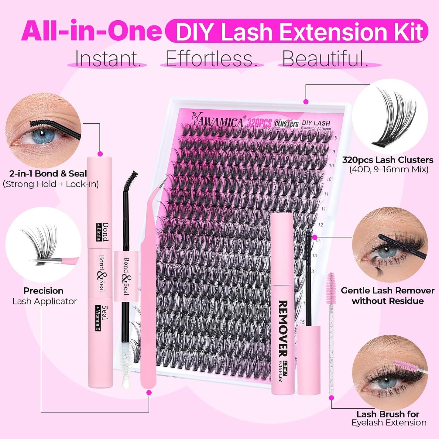 Lash Clusters Kit 320Pcs Eyelash Clusters D Curly 9-16Mm 40D Individual Lashes Wispy Lash Extension Kit with Bond and Seal and Lash Remover and Lash Applicator for Eyelash Extension Beginners