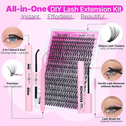 Lash Clusters Kit 320Pcs Eyelash Clusters D Curly 9-16Mm 40D Individual Lashes Wispy Lash Extension Kit with Bond and Seal and Lash Remover and Lash Applicator for Eyelash Extension Beginners